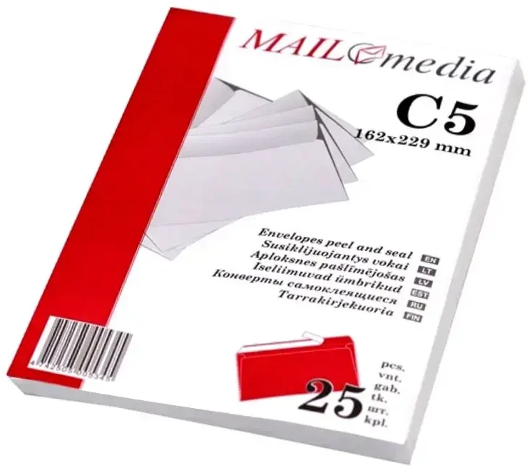 Kuvert Vokai, C5 (162x229mm), su nuplėšiama juostele, baltos sp., 25 vnt.