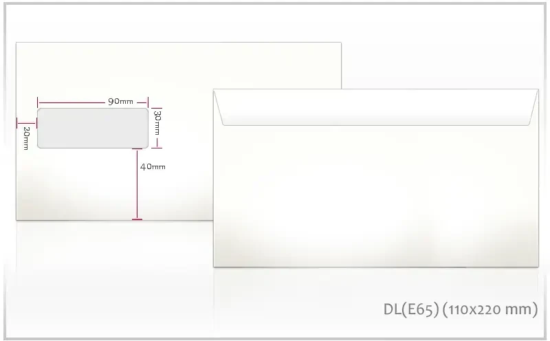 Kuvert Vokai E65, 110x220mm, 75g, su langeliu 30x90mm kairėje pusėje, su nuplėšiama juostele, baltos spalvos, 1000vnt