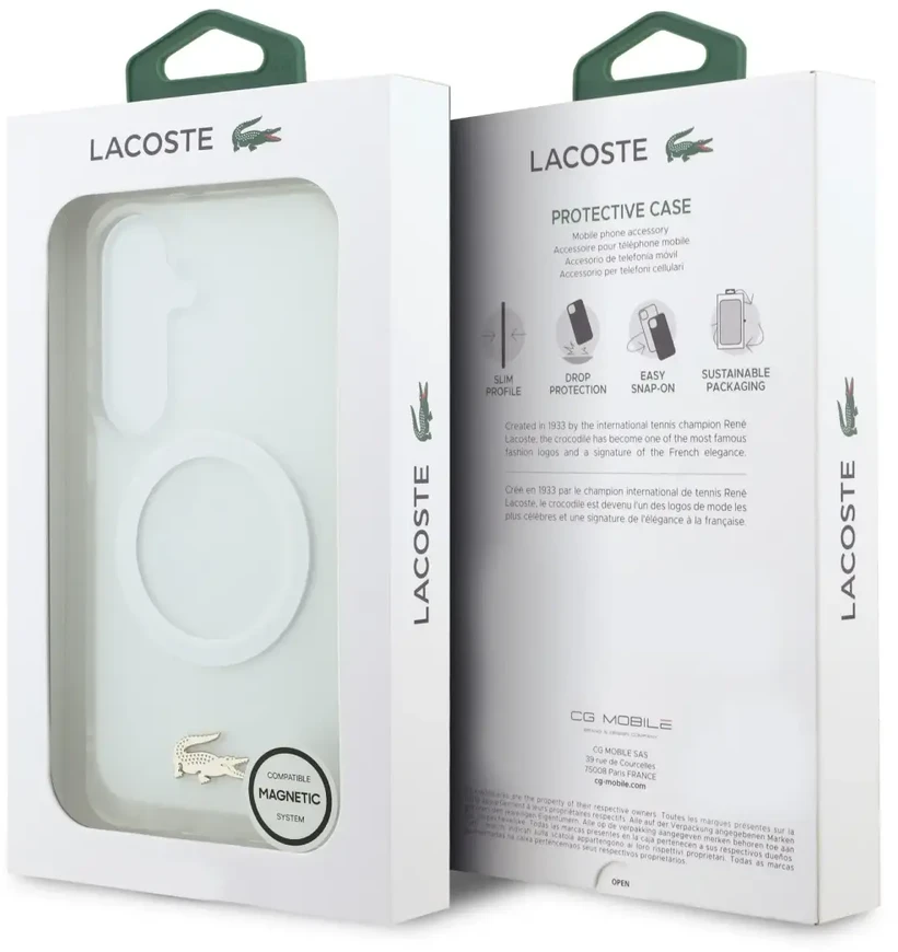 Lacoste matinio apdailos auksinis logotipo telefono dėklas su „MagSafe“ palaikymu, skirtas „Samsung Galaxy S26“ (S942) baltas