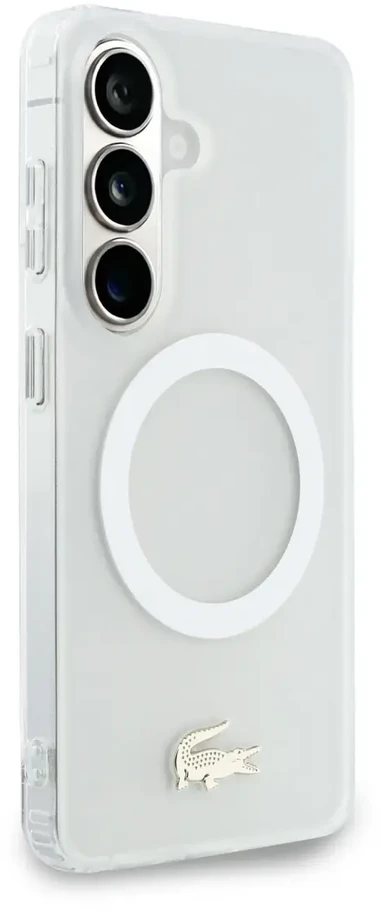 Lacoste matinio apdailos auksinis logotipo telefono dėklas su „MagSafe“ palaikymu, skirtas „Samsung Galaxy S26“ (S942) baltas