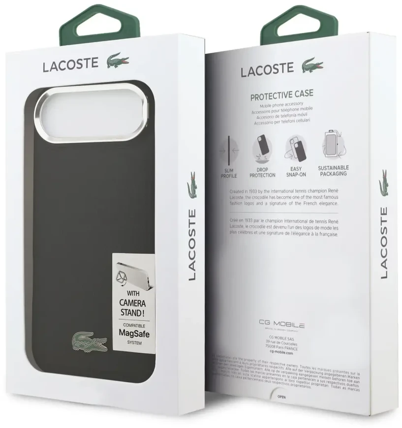 Lacoste Iconic Petit Pique Camera Stand MagSafe telefono dėklas su stovu ir MagSafe palaikymu, skirtas Apple iPhone 17 Air, juodas