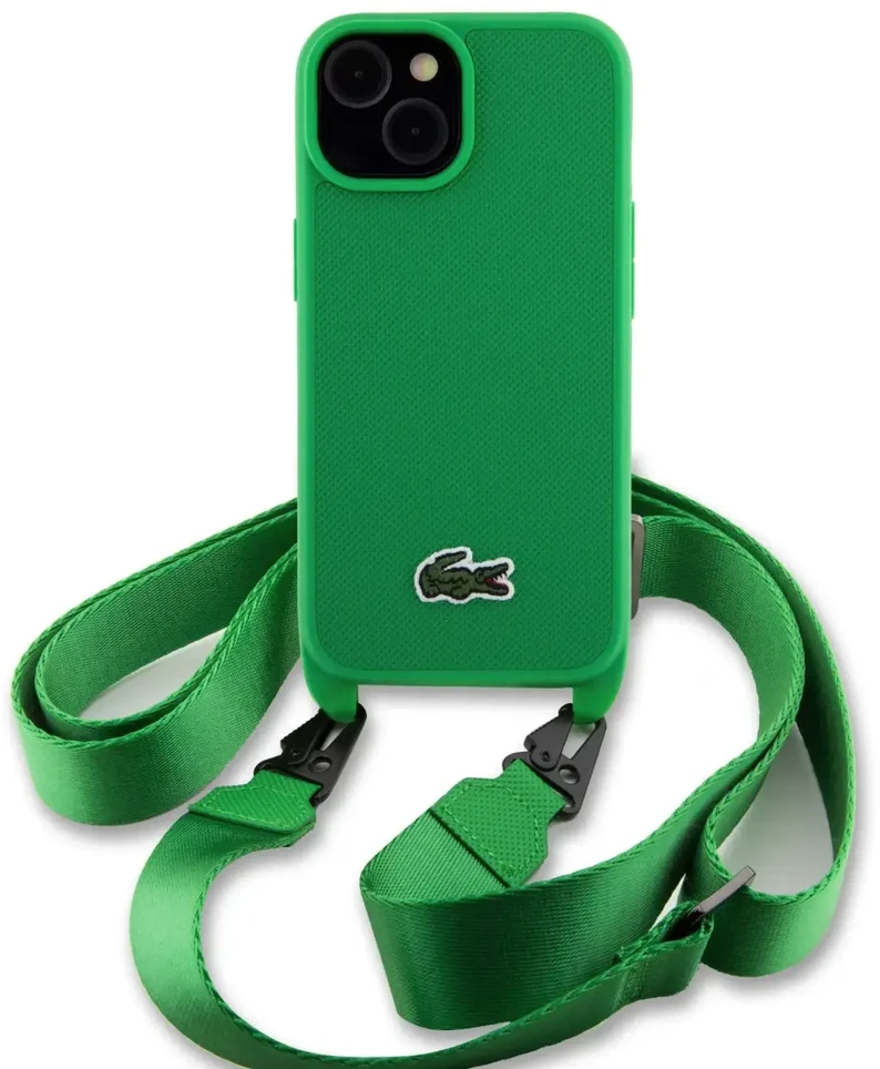 Lacoste Iconic Petit Pique Crossbody Strap Woven Logo dėklas skirtas Apple iPhone 15 žalios spalvos
