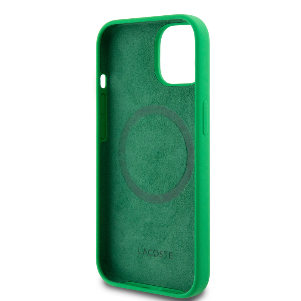 Lacoste Liquid Silicone Microfiber Croc Logo MagSafe dėklas skirtas Apple iPhone 15 žalios spalvos