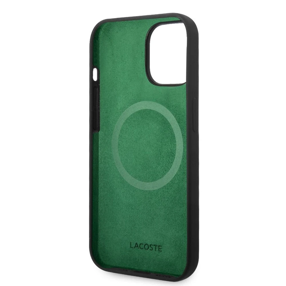 Lacoste Liquid Silicone Microfiber Croc Logo MagSafe dėklas skirtas iPhone 14,15,16 juodos spalvos