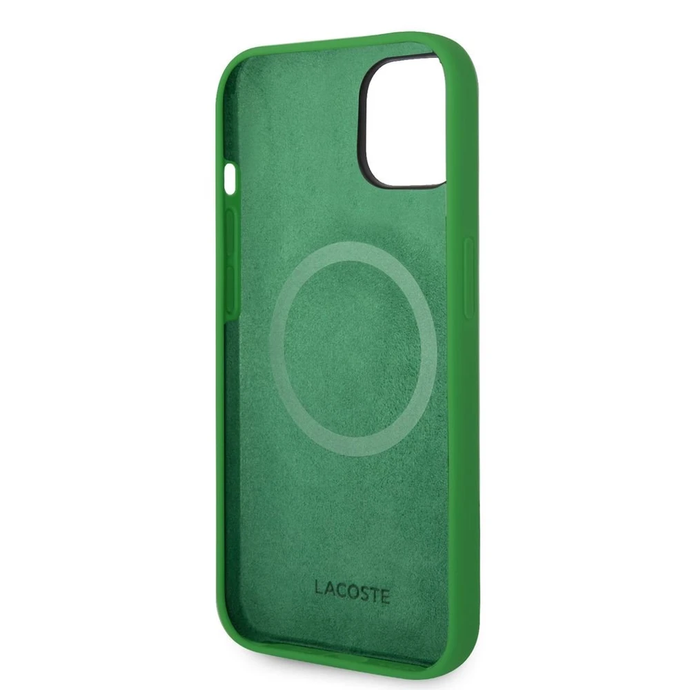 Lacoste Liquid Silicone Microfiber Croc Logo MagSafe dėklas skirtas iPhone 14 žalios spalvos
