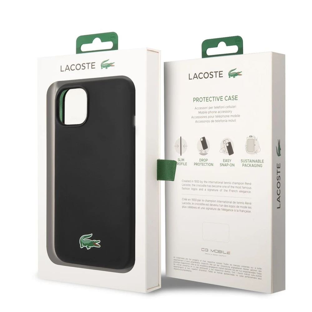 Lacoste Liquid Silicone Microfiber Croc Logo MagSafe dėklas skirtas iPhone 14,15,16 juodos spalvos