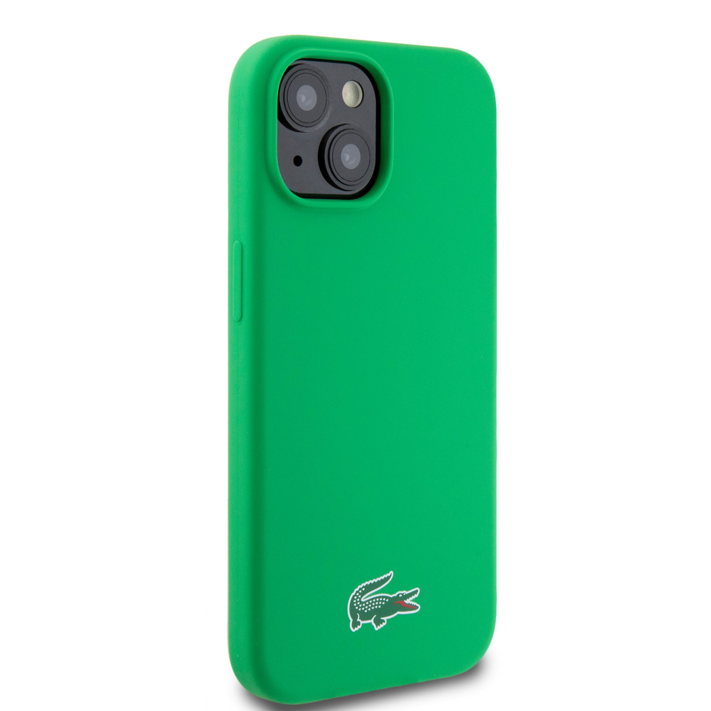Lacoste Liquid Silicone Microfiber Croc Logo MagSafe dėklas skirtas Apple iPhone 15 žalios spalvos