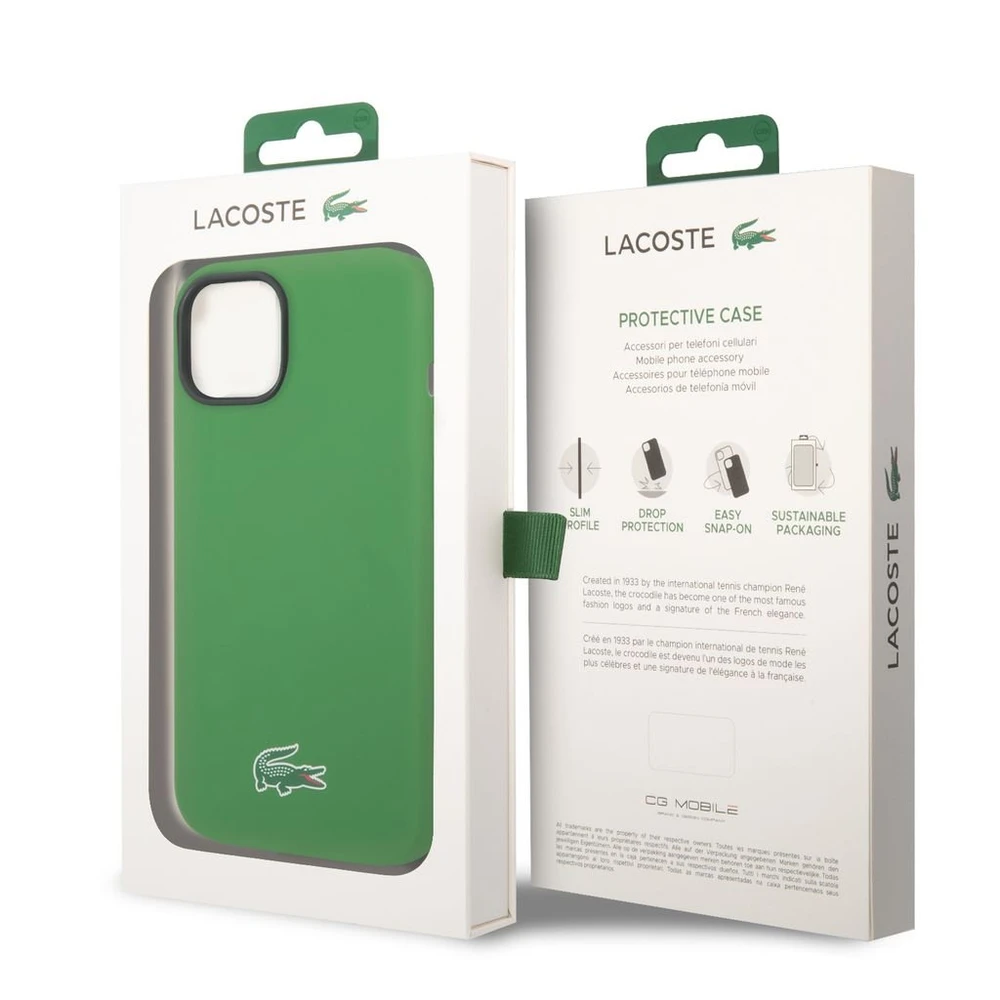 Lacoste Liquid Silicone Microfiber Croc Logo MagSafe dėklas skirtas iPhone 14 žalios spalvos