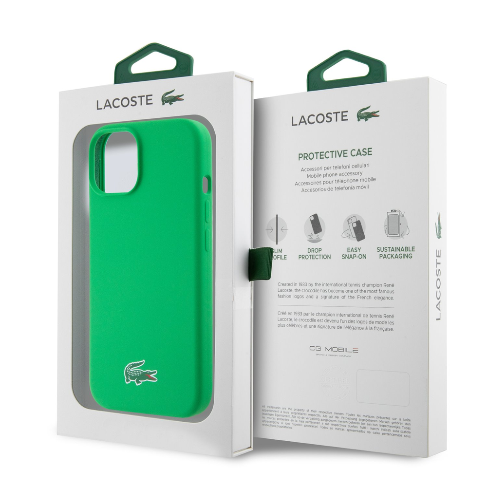 Lacoste Liquid Silicone Microfiber Croc Logo MagSafe dėklas skirtas Apple iPhone 15 žalios spalvos