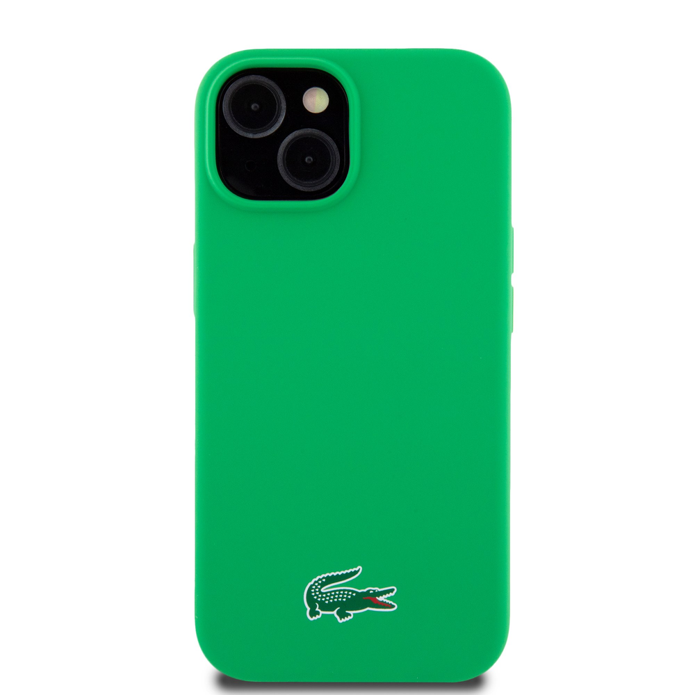 Lacoste Liquid Silicone Microfiber Croc Logo MagSafe dėklas skirtas Apple iPhone 15 žalios spalvos