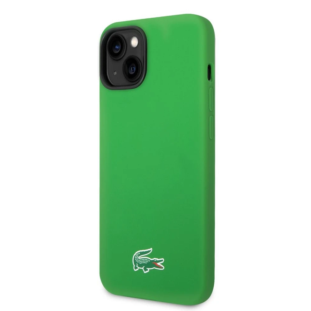Lacoste Liquid Silicone Microfiber Croc Logo MagSafe dėklas skirtas iPhone 14 žalios spalvos
