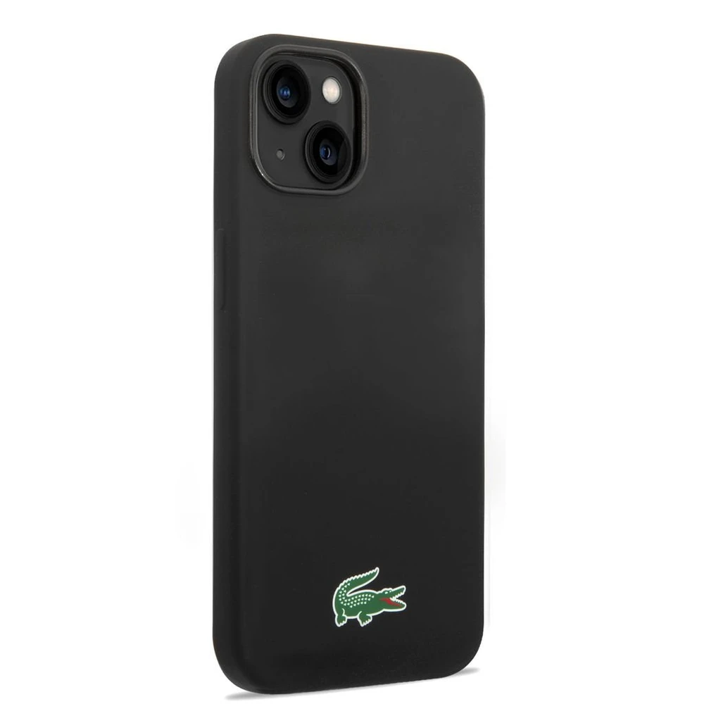 Lacoste Liquid Silicone Microfiber Croc Logo MagSafe dėklas skirtas iPhone 14,15,16 juodos spalvos