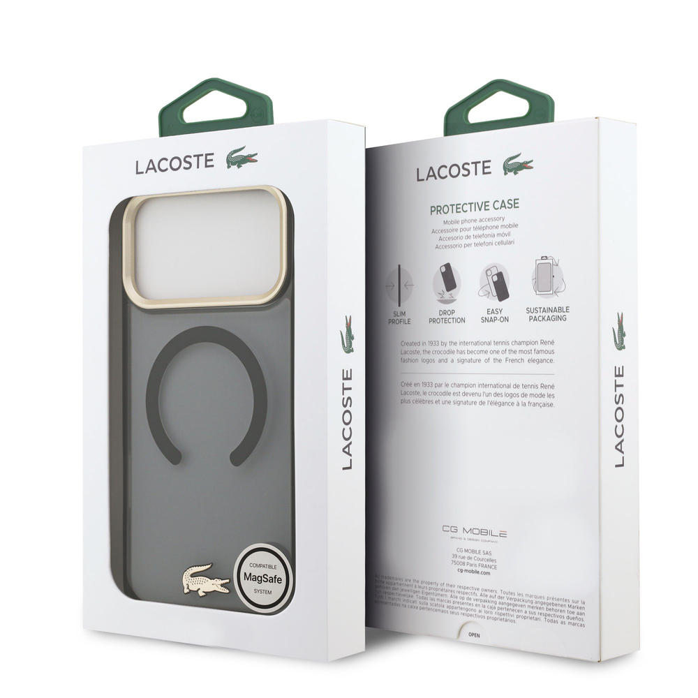 Lacoste PC/TPU Frosted Finish Gold Logo MagSafe dėklas skirtas Apple iPhone 17 Pro Max juodos spalvos