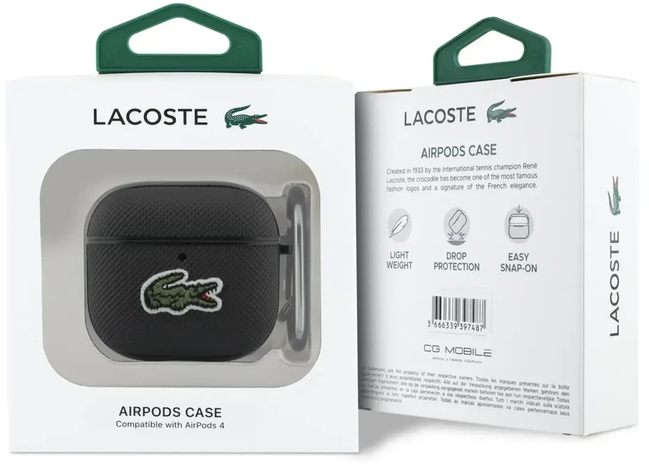 Lacoste Petit Pique Croc Logo Patch dėklas skirtas AirPods 4 juodos spalvos
