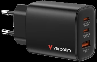 Verbatim GaN Travel Charger Essentials 65W, 2×USB-C PD, 1×USB-A QC, EU Plug, Juodas