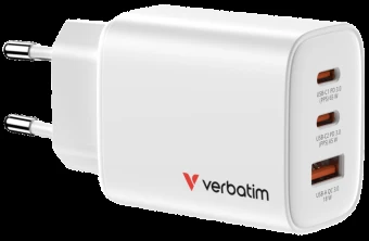Verbatim GaN Travel Charger Essentials 65W, 2×USB-C PD, 1×USB-A QC, EU Plug, Baltas