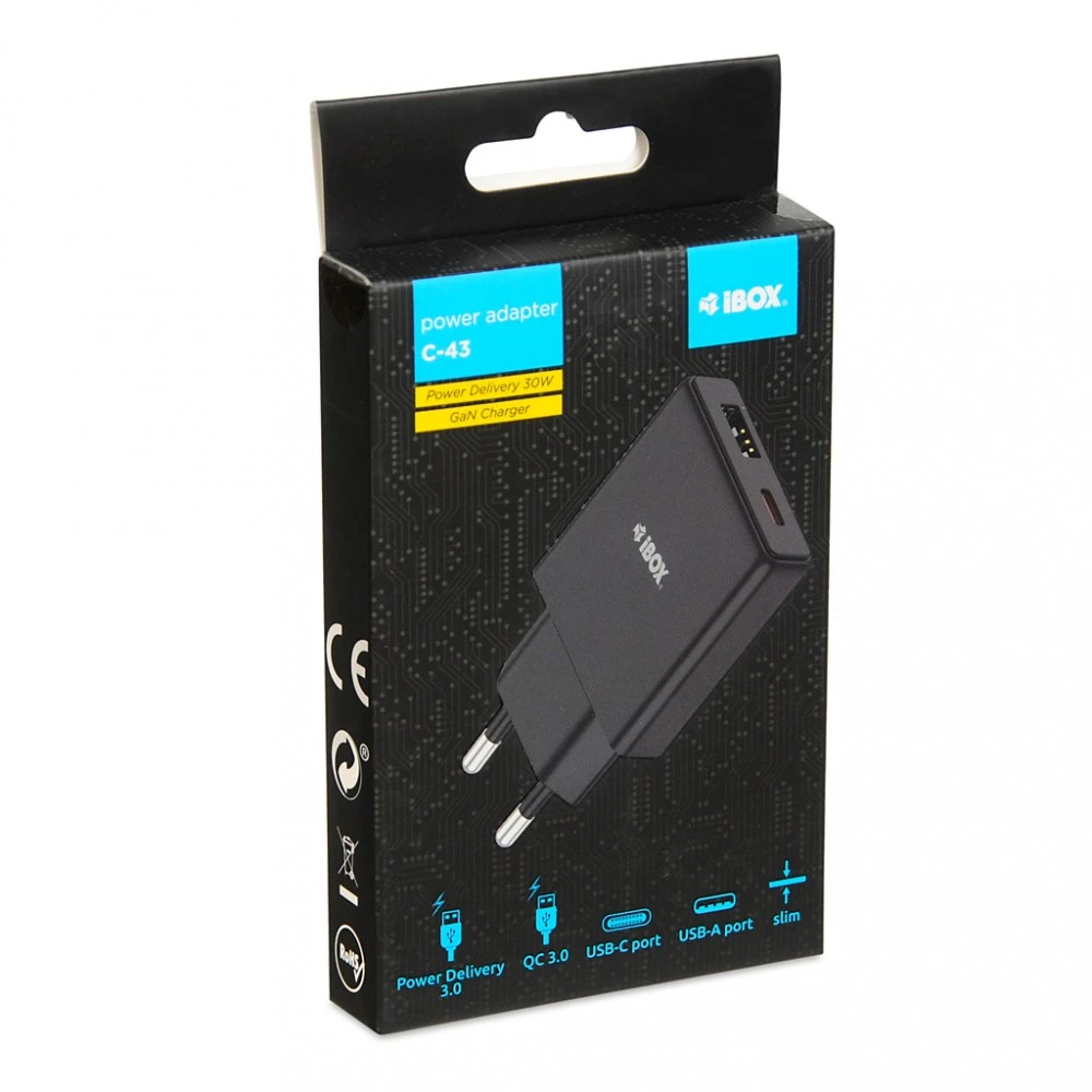 iBOX C-43 Slim GaN PD30W Wall charger, Juodas