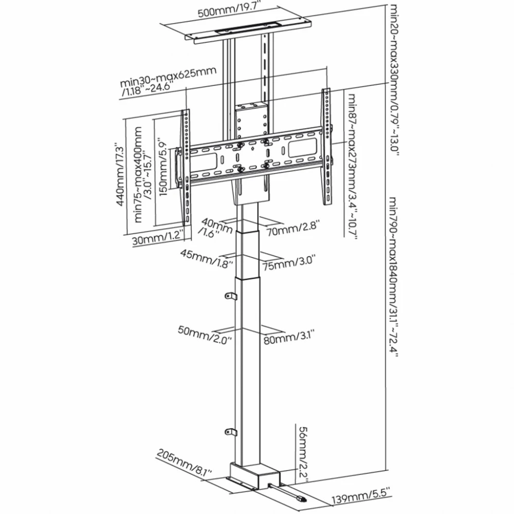 ART TV laikiklis - liftas, valdomas elektra, AR-93M, mobilus, 60kg, 37-80 colių, Vesa Max, 600x400