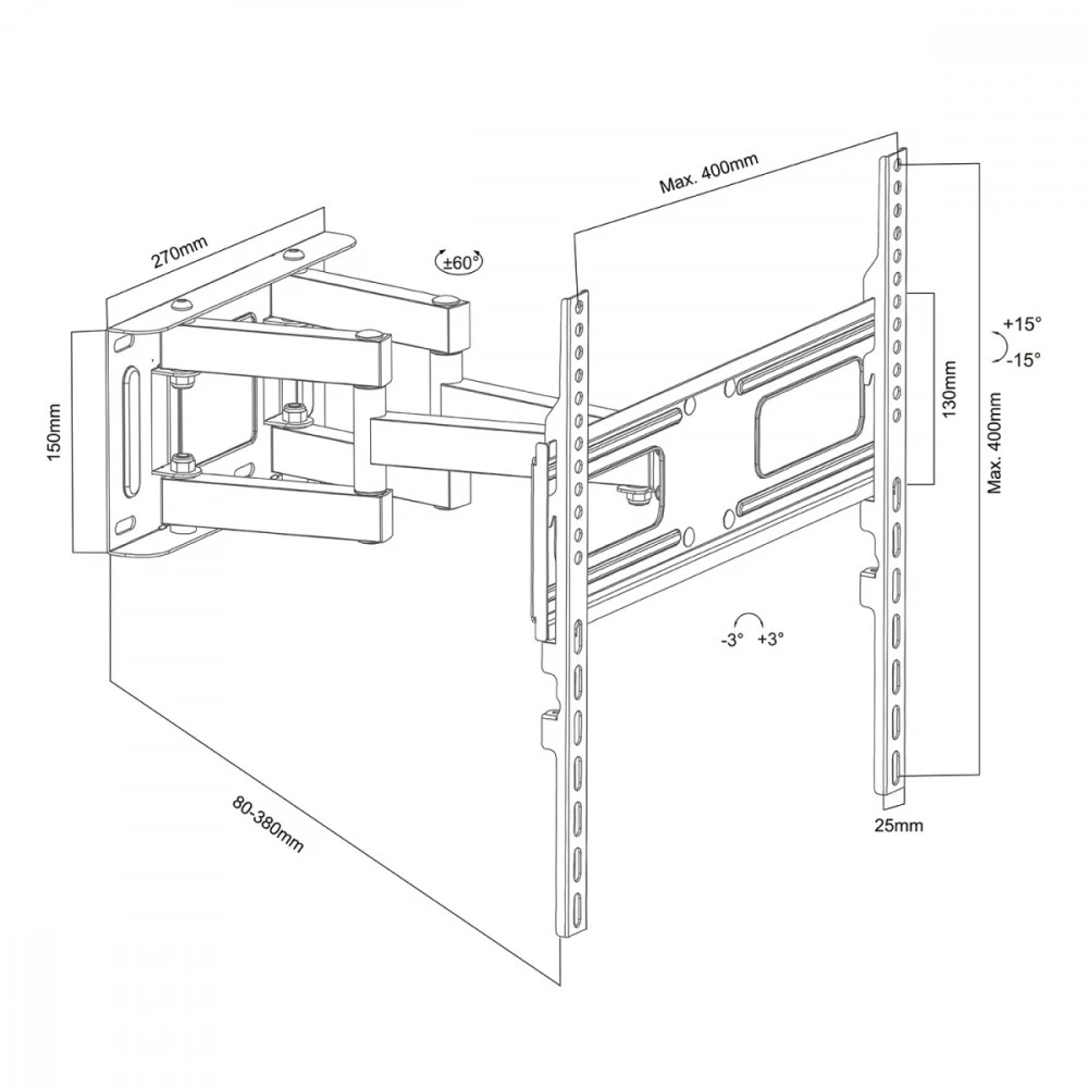 Laikiklis „Maclean“ televizoriaus laikiklis/pakabiklis, maks. VESA 400x400, 32–75 colio, 50 kg, vertikalus ir horizontalus kampo reguliavimas, profilis 80–380 mm, juodas, MC-788