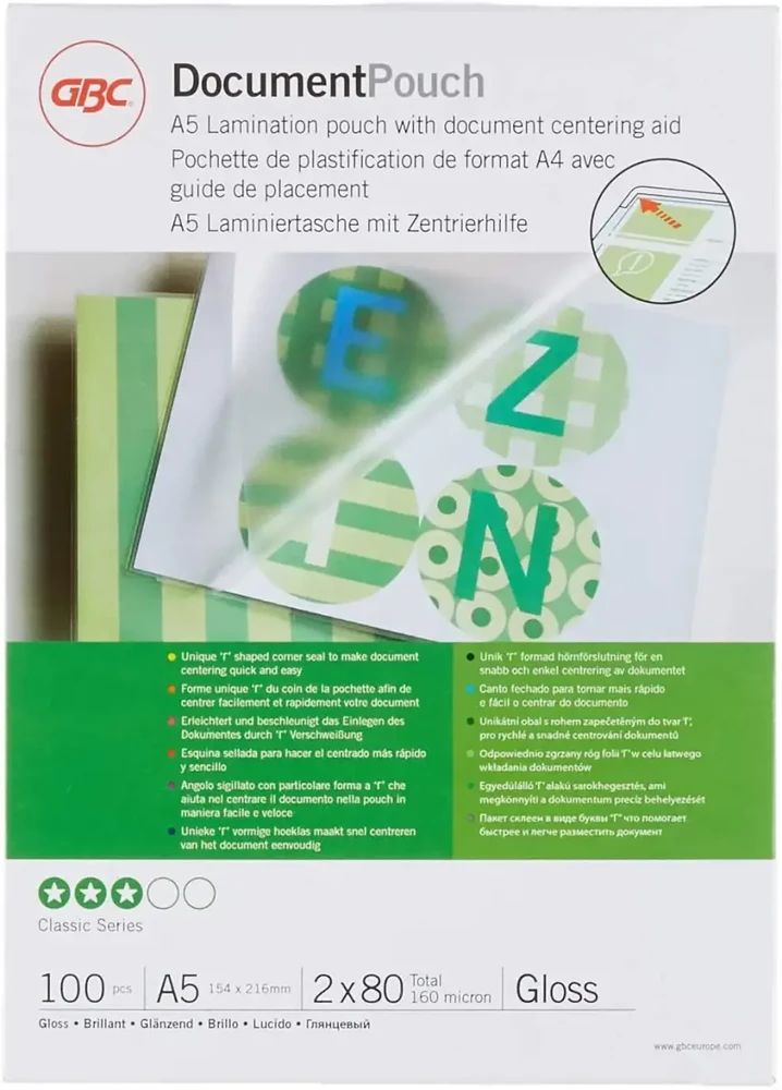 GBC dokumentų laminavimo vokeliai A5 2x80 mikronų blizgūs (100), blizgūs, 160 mm, 221 mm, 18 mm, 100 vnt.