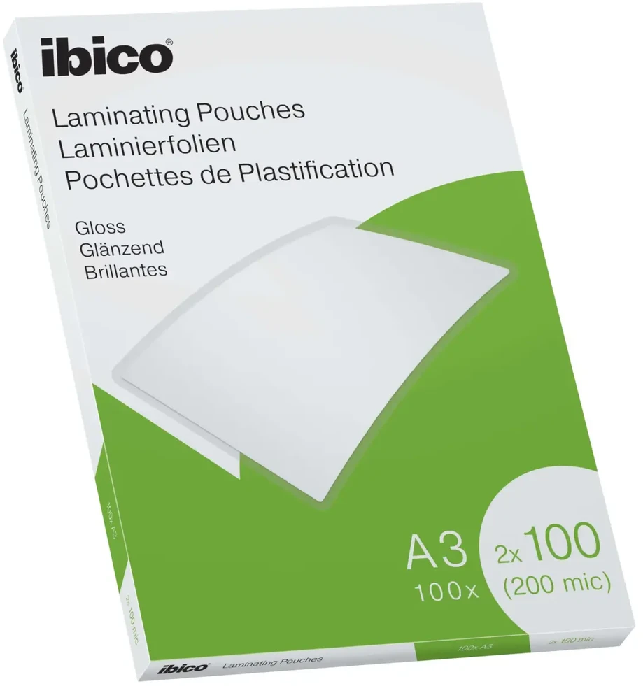 „Ibico Gloss A3“ laminavimo vokeliai, 200 mikronų, blizgūs, permatomi, A3, 303 mm, 426 mm, 100 vnt.