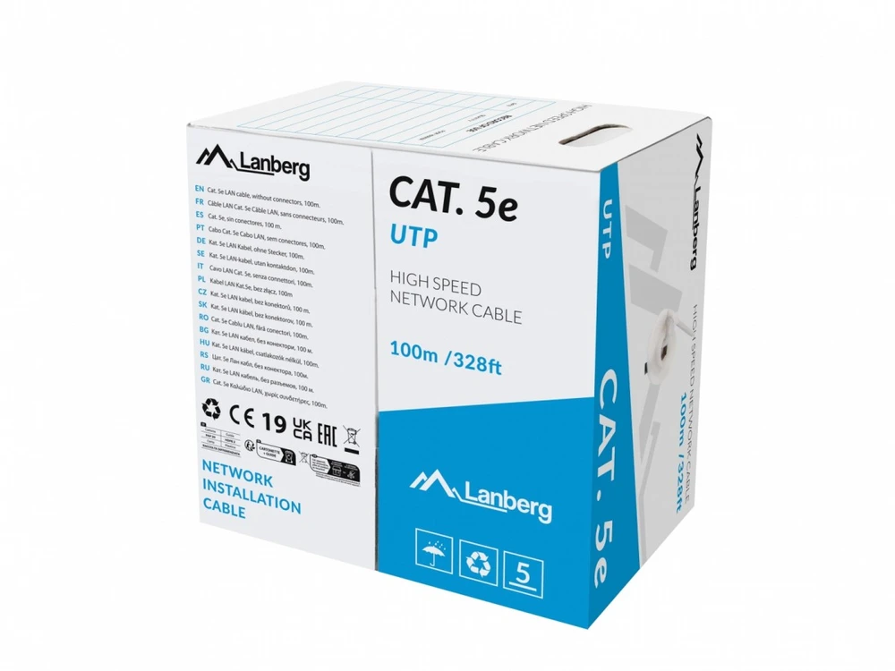LANBERG LCU5-12CU-0100-S UTP kietas kabelis CU kat. 5e 100m pilka Fluke patvirtintas