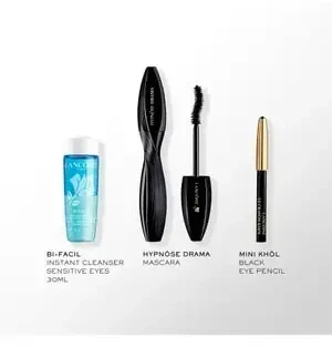 „Lancome Hypnose Drama“ dviejų veidų makiažo valiklis 30 ml + akių pieštukas „Le Crayon Kohl 01 Noir“ + blakstienų tušas „Hypnose Drama 01“