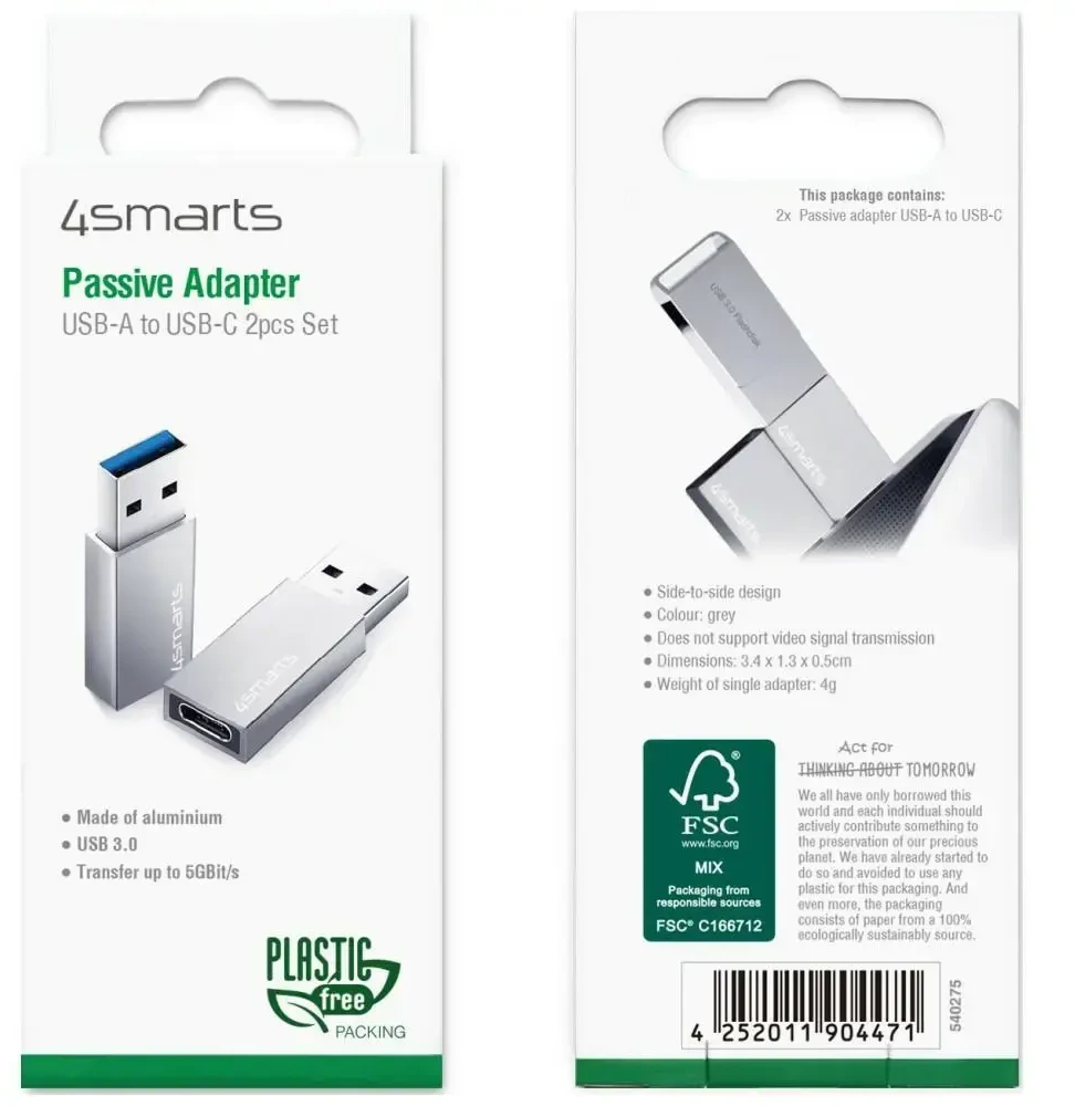 Adapteris 4smarts Passive USB-A 3.0 į USB-C, 2 vnt., sidabrinis