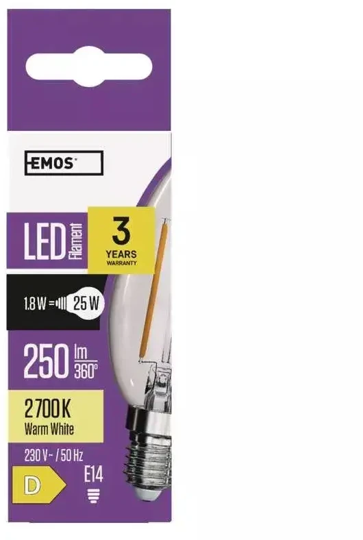 LED lemputė E14 230V 1.8W 250lm, FILAMENT, šiltai balta, 2700K, EMOS
