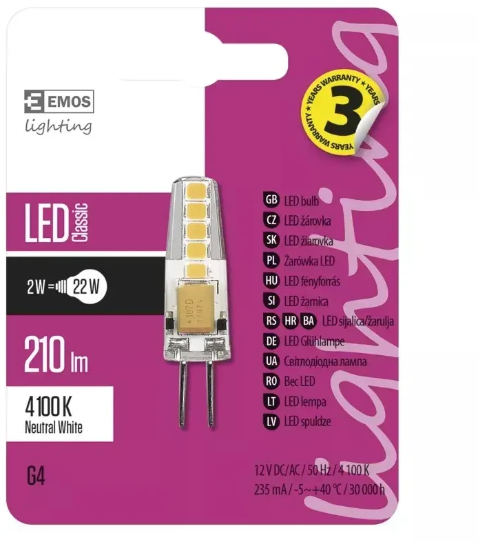LED lemputė G4 12V JC 2W 210lm, neutraliai balta, 4100K, A++, EMOS