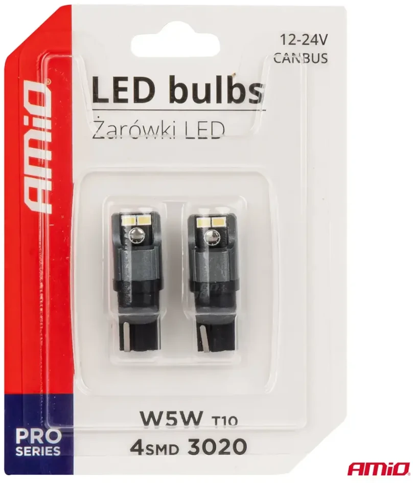 LED lemputės Canbus 3020 4SMD T10 W5W W10W 12V 24V amio-03717