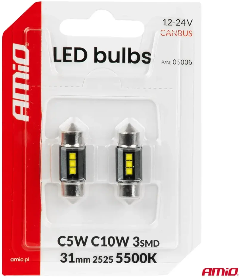 LED lemputės canbus C5W C10W 31mm 2525 3SMD balta 12V 24V AMIO-05006