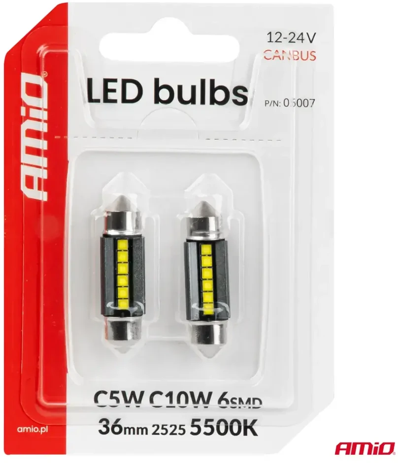 LED lemputės canbus C5W C10W 36mm 2525 6SMD baltos 12V 24V AMIO-05007