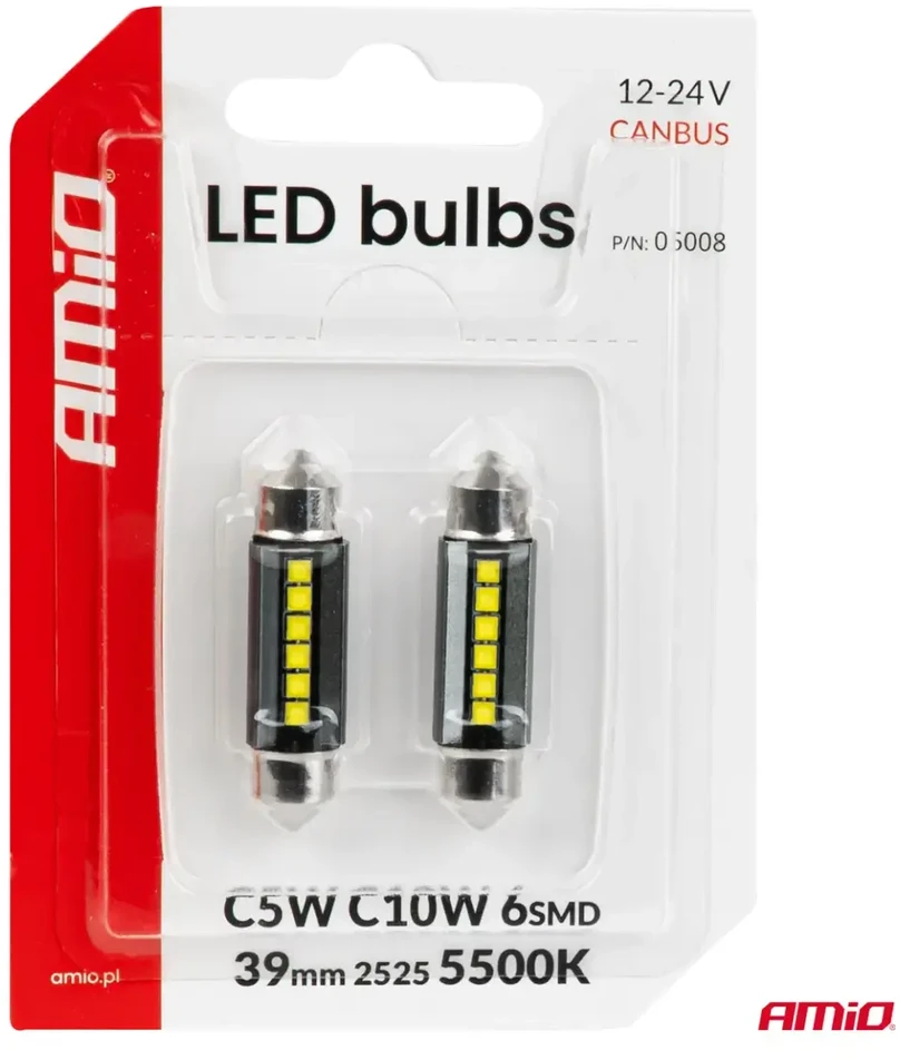 LED lemputės canbus C5W C10W 39 mm 2525 6SMD balta 12 V 24 V AMIO-05008