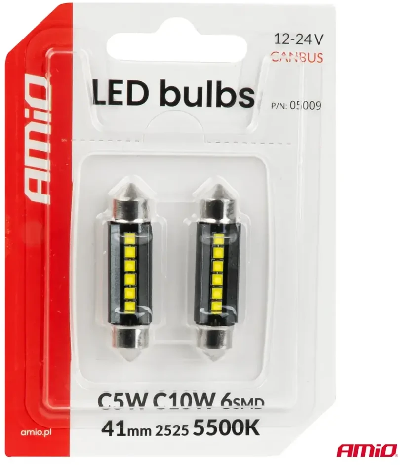 LED lemputės canbus C5W C10W 41 mm 2525 6 SMD balta 12 V 24 V amio-05009