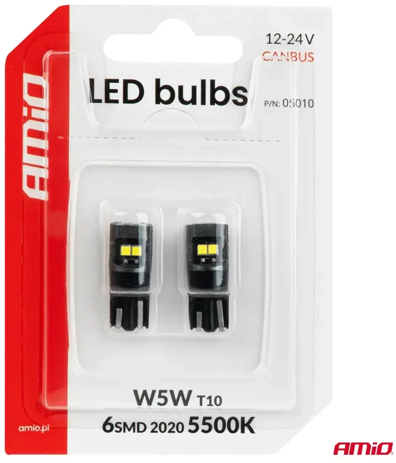 LED lemputės canbus W5W T10 2020 6SMD balta 12V 24V amio-05010