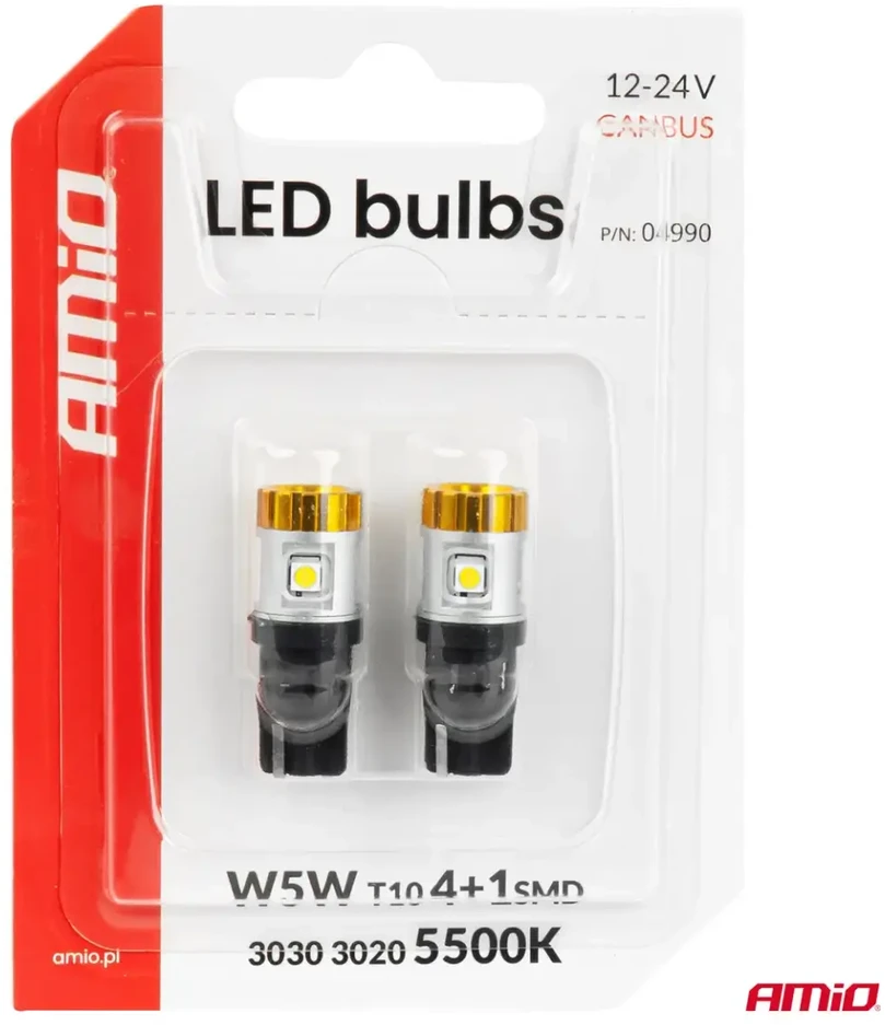 LED lemputės canbus W5W T10 3030 4SMD + 3020 1SMD balta 12V 24V amio-04990