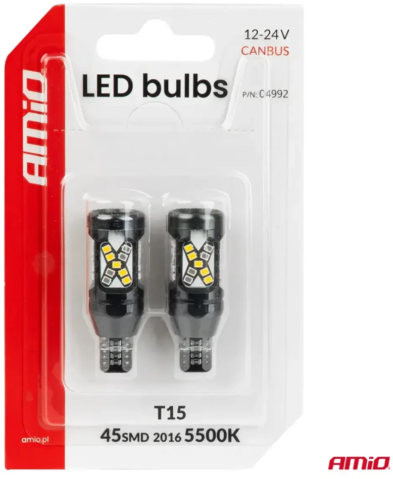 LED lemputės canbus W16W T15 2016 45SMD balta 12V 24V AMIO-04992