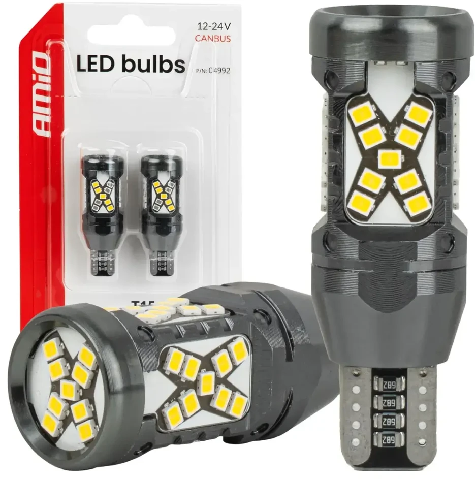 LED lemputės canbus W16W T15 2016 45SMD balta 12V 24V AMIO-04992