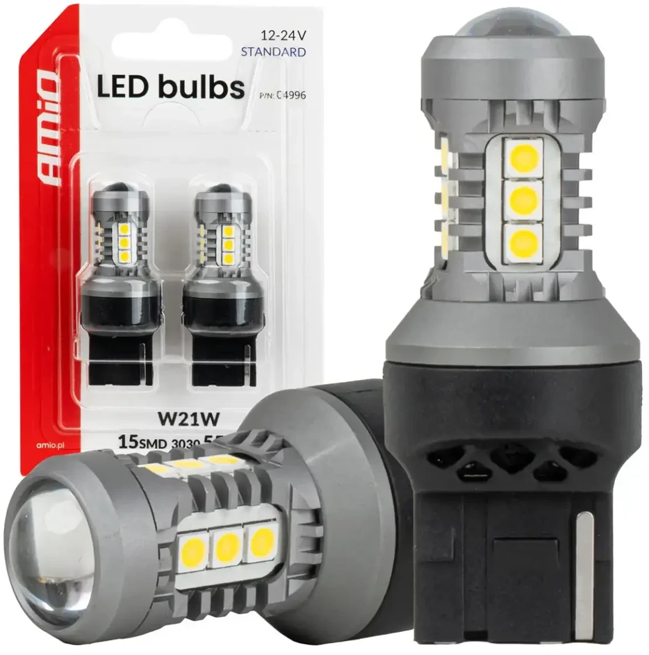 LED lemputės standard 7440 W21W 3030 15SMD balta 12V 24V amio-04996