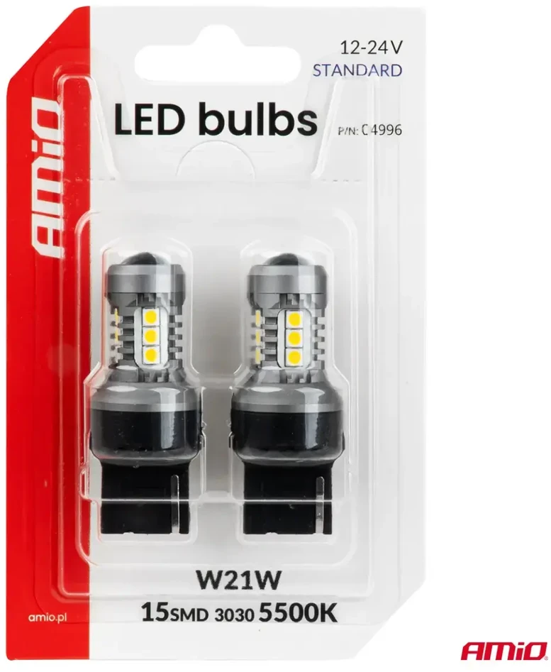 LED lemputės standard 7440 W21W 3030 15SMD balta 12V 24V amio-04996