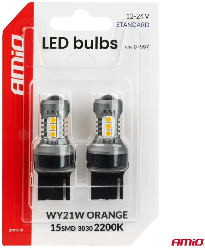 LED lemputės standard 7440 WY21W 3030 15SMD oranžinė 12V 24V amio-04997