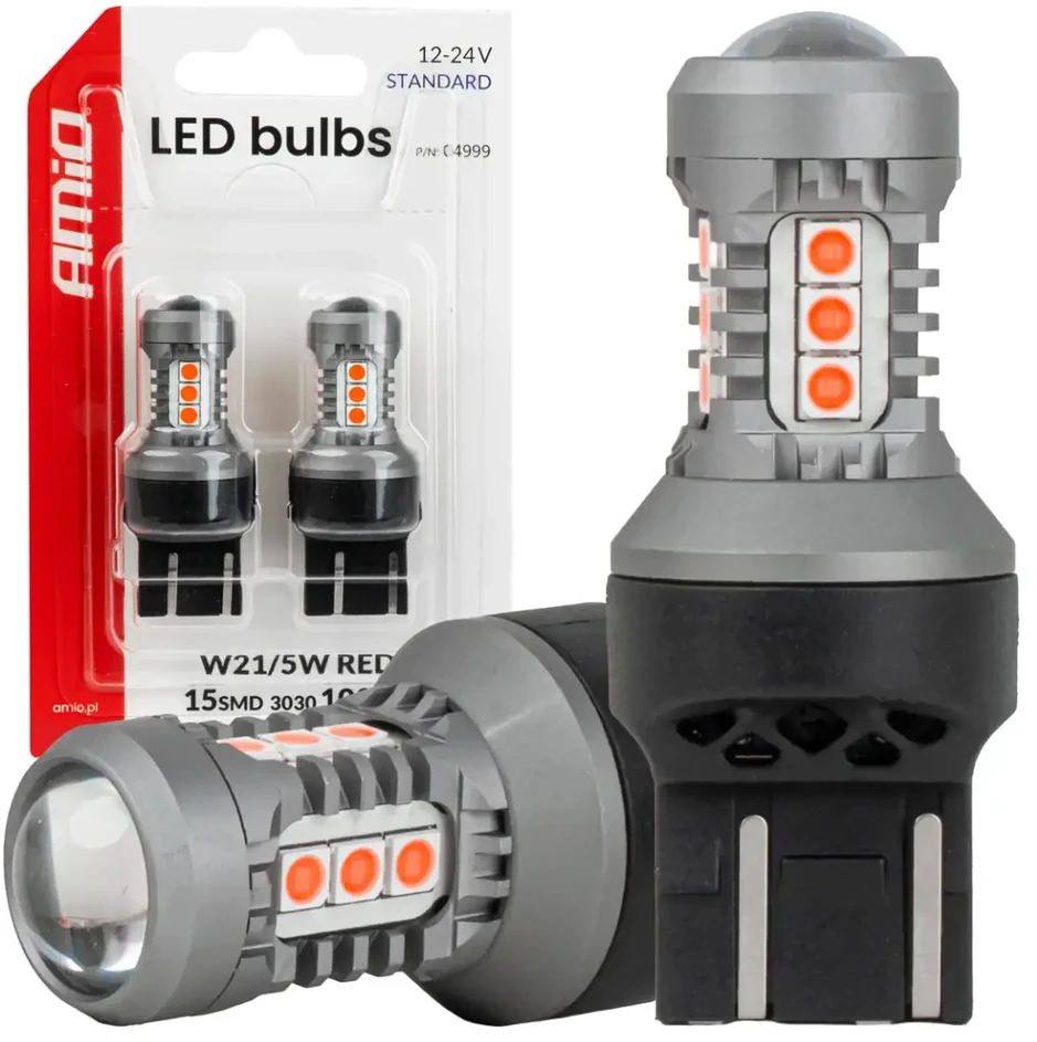LED lemputės standartinės 7443 W21/5W 3030 15SMD raudonos 12V 24V amio-04999