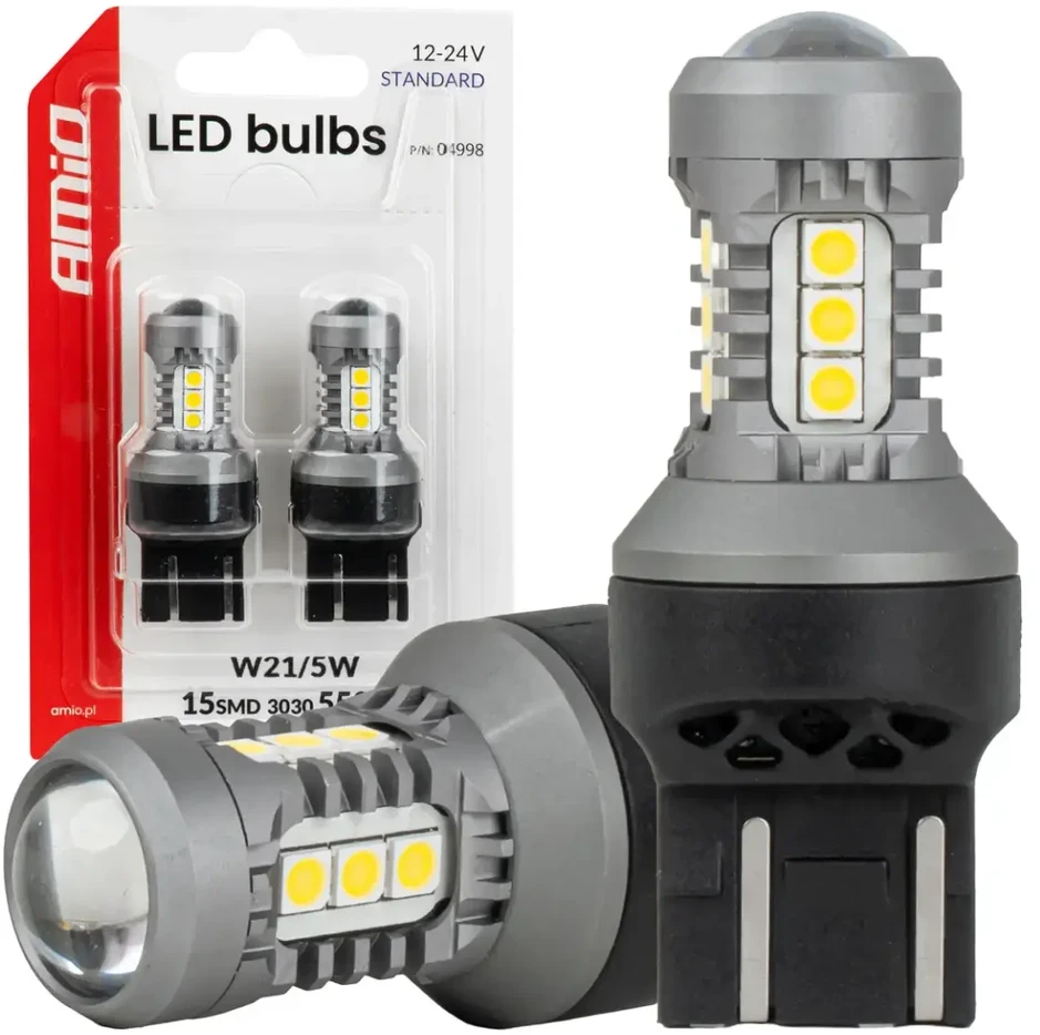 LED lemputės standard 7443 W21/5W 3030 15SMD balta 12V 24V amio-04998