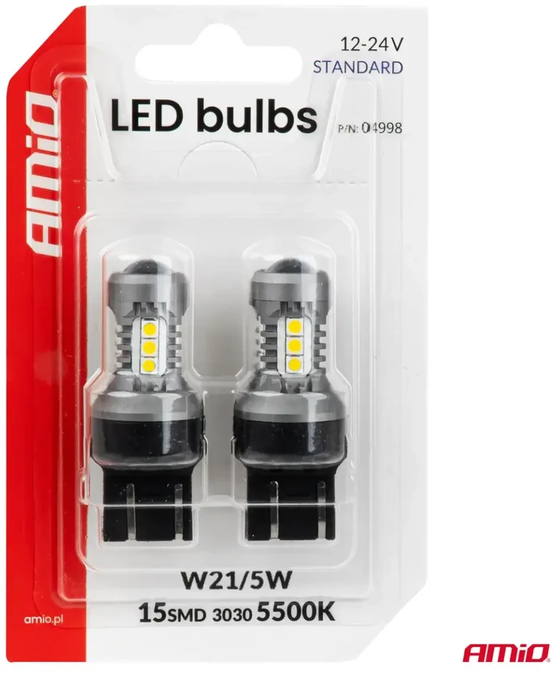 LED lemputės standard 7443 W21/5W 3030 15SMD balta 12V 24V amio-04998
