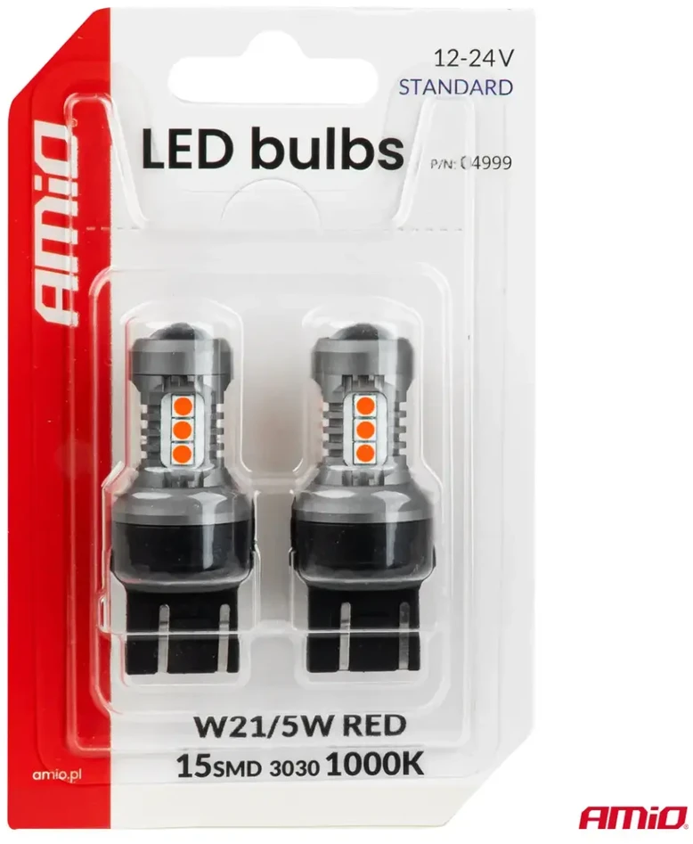 LED lemputės standartinės 7443 W21/5W 3030 15SMD raudonos 12V 24V amio-04999