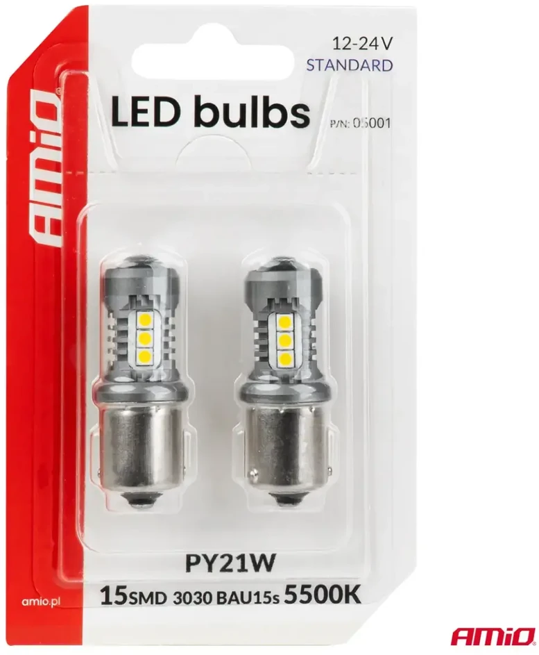 LED lemputės standard bau15s py21w 3030 15smd balta 12v 24v amio-05001