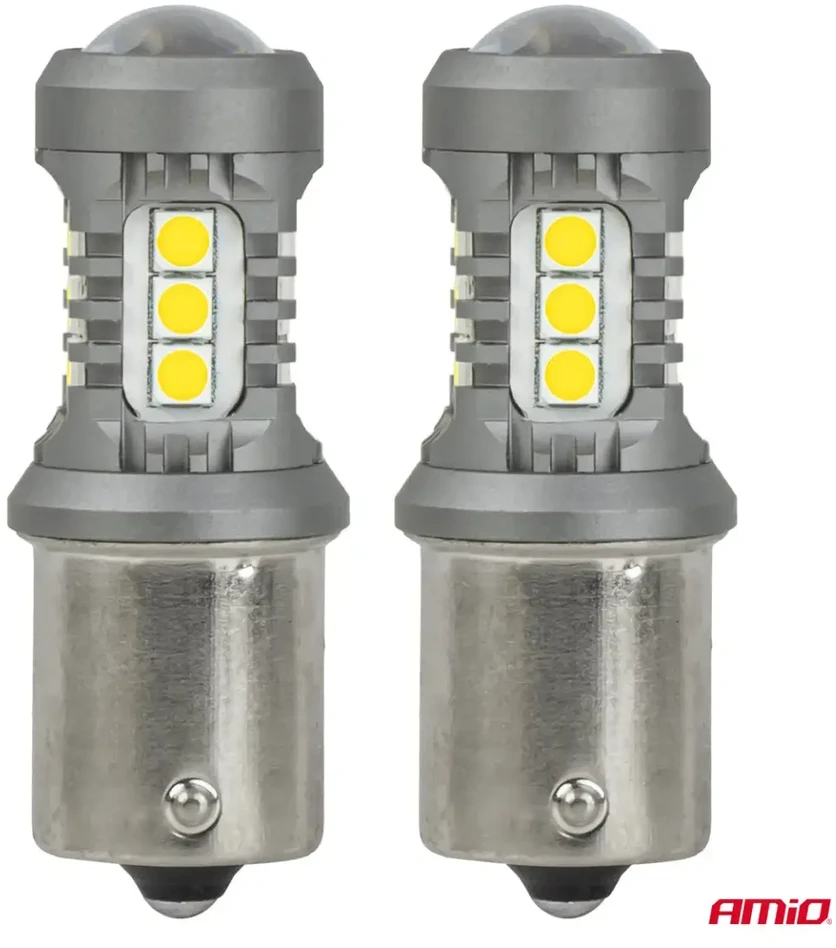 LED lemputės standard bau15s py21w 3030 15smd balta 12v 24v amio-05001