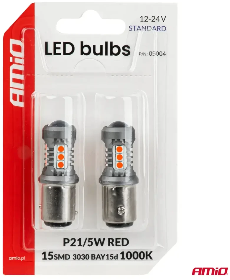 LED lemputės standard bay15d p21/5w 3030 15smd raudona 12v 24v amio-05004