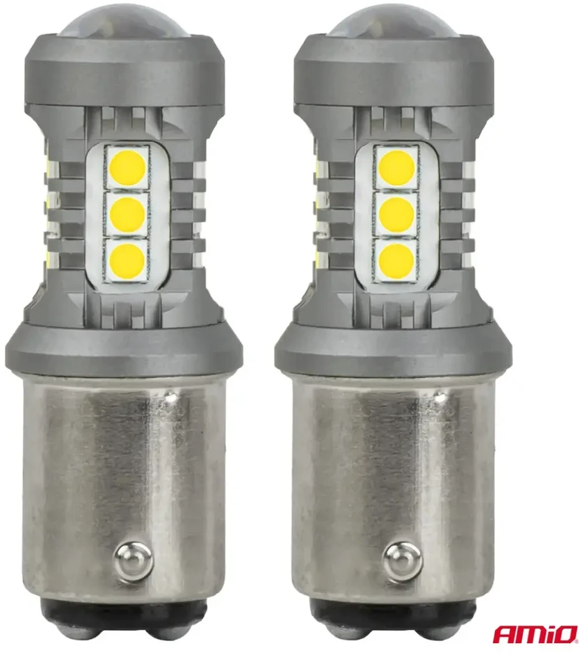 LED lemputės standard bay15d p21/5w 3030 15smd balta 12v 24v amio-05003